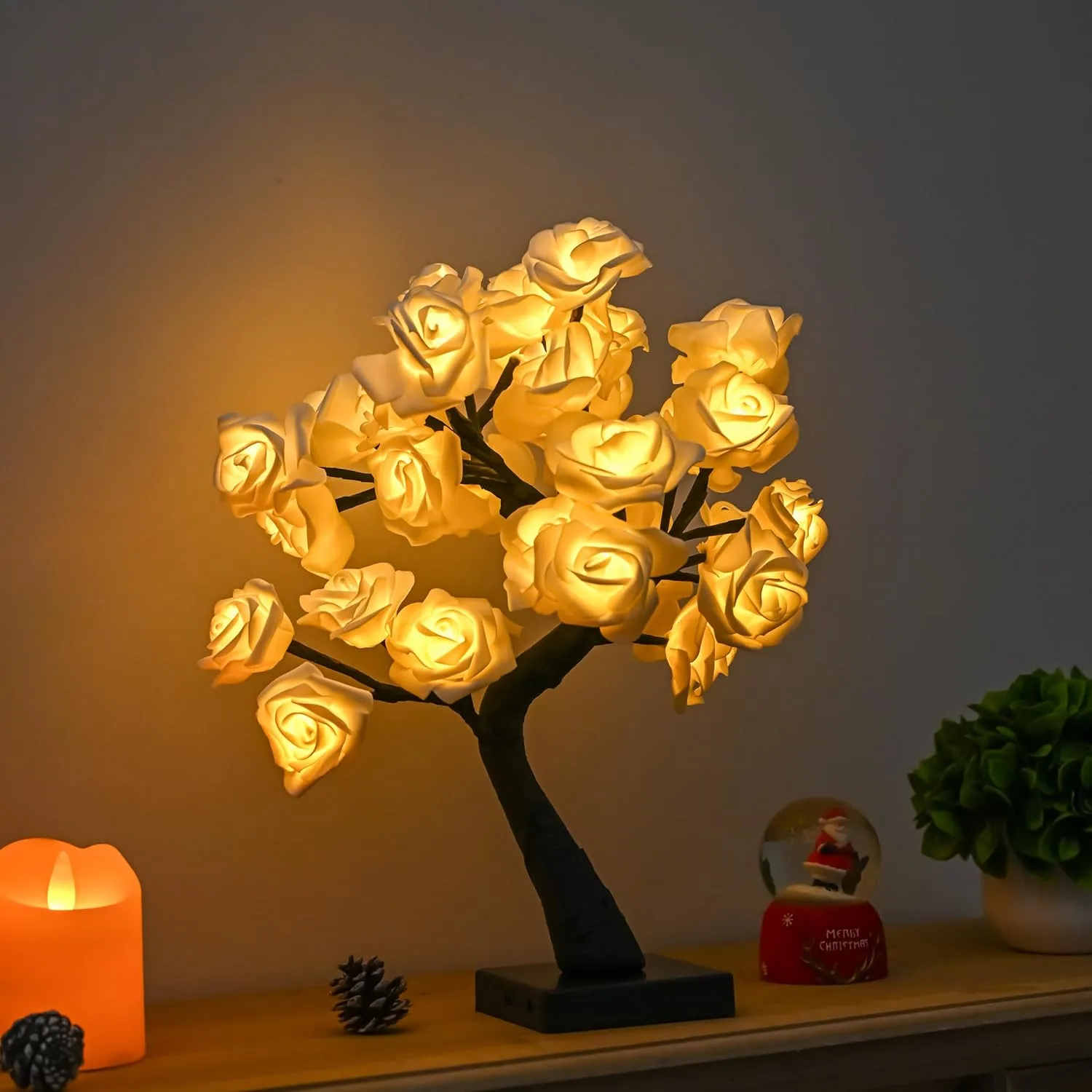 Snokip Rose Flower Tree Lamp, 32 Led Rose Table Lamp Gift for Girls Woman Teens Home Decor Battery Powered for Bedroom Living Room Party Wedding Christmas Valentine's Day Decor