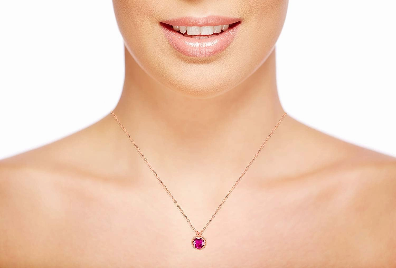 Solid 14K Yellow, White and Rose Gold 6mm Round Genuine or Created Birthstone with Rope Frame Rabbit Ear 18" Rope Chain Necklace | 14K Gold Gemstone Necklace For Women