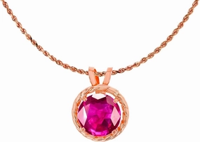 Solid 14K Yellow, White and Rose Gold 6mm Round Genuine or Created Birthstone with Rope Frame Rabbit Ear 18" Rope Chain Necklace | 14K Gold Gemstone Necklace For Women