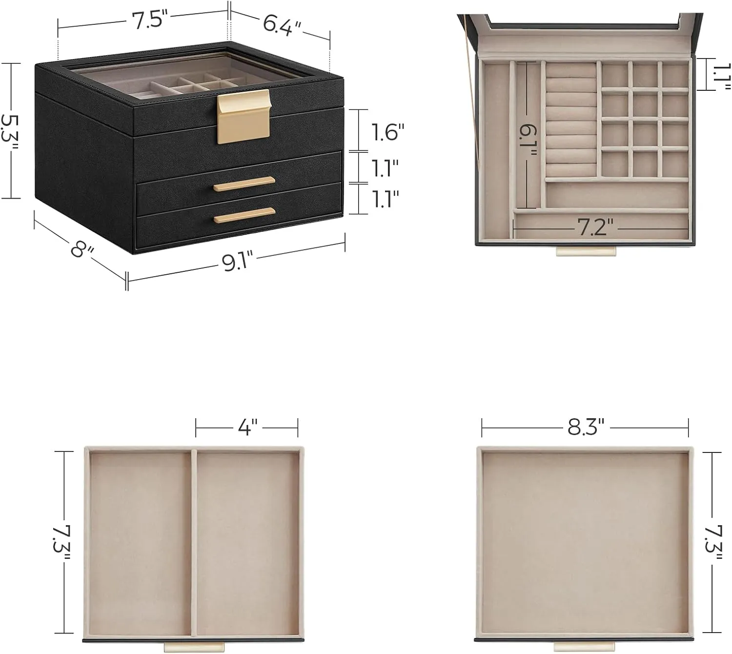 SONGMICS Jewelry Box Organizer with Glass Lid, 3-Layer Jewelry Storage, with 2 Drawers, Modern Style, 8 x 9.1 x 5.3 Inches, Graphite Black and Gold Color UJBC239B03