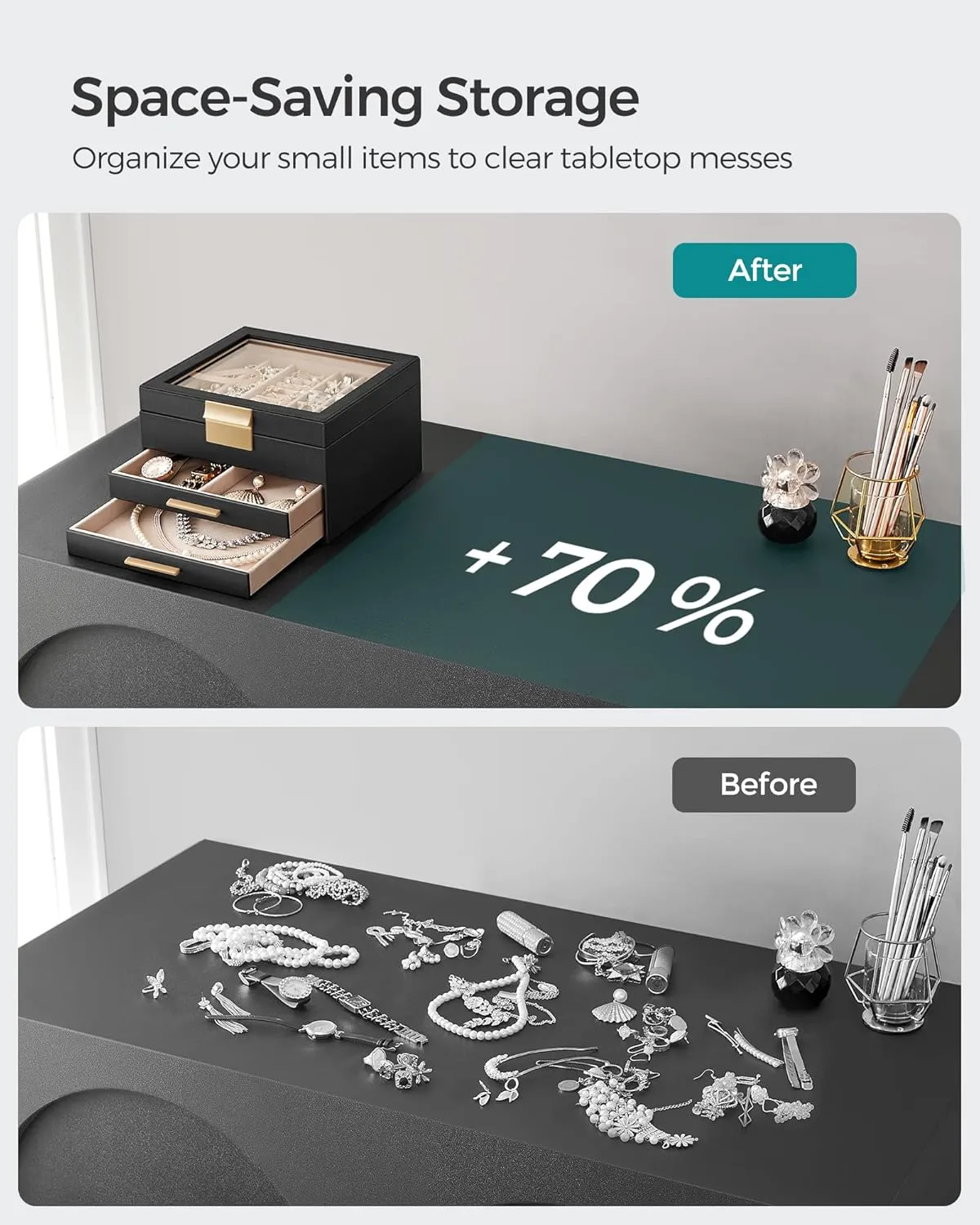 SONGMICS Jewelry Box Organizer with Glass Lid, 3-Layer Jewelry Storage, with 2 Drawers, Modern Style, 8 x 9.1 x 5.3 Inches, Graphite Black and Gold Color UJBC239B03