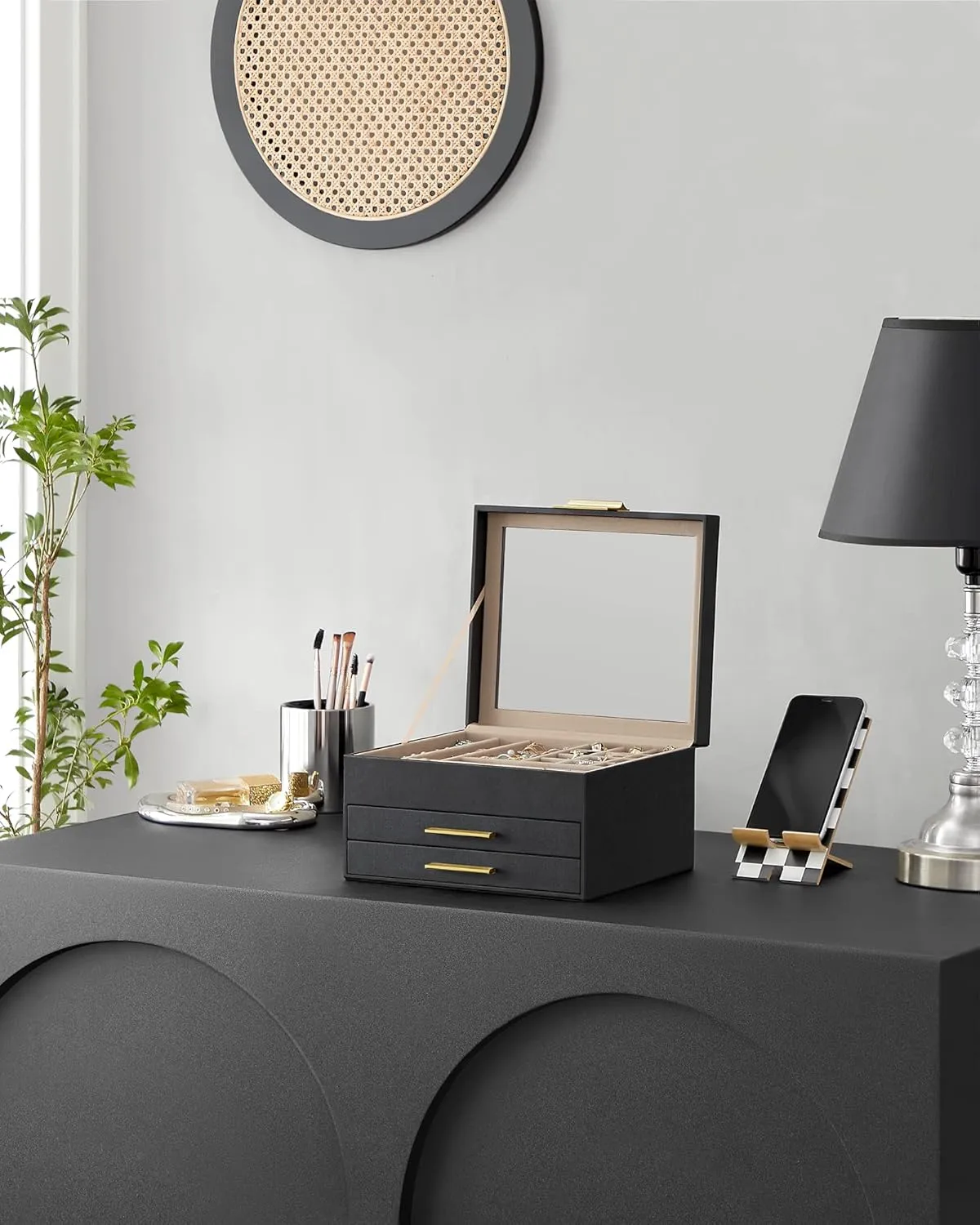SONGMICS Jewelry Box Organizer with Glass Lid, 3-Layer Jewelry Storage, with 2 Drawers, Modern Style, 8 x 9.1 x 5.3 Inches, Graphite Black and Gold Color UJBC239B03
