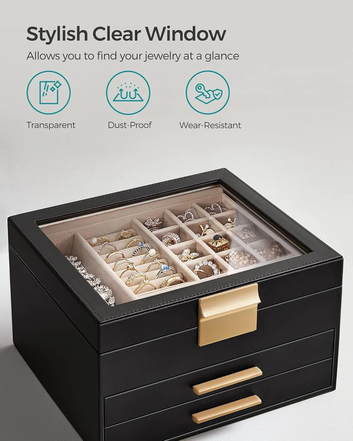 SONGMICS Jewelry Box Organizer with Glass Lid, 3-Layer Jewelry Storage, with 2 Drawers, Modern Style, 8 x 9.1 x 5.3 Inches, Graphite Black and Gold Color UJBC239B03