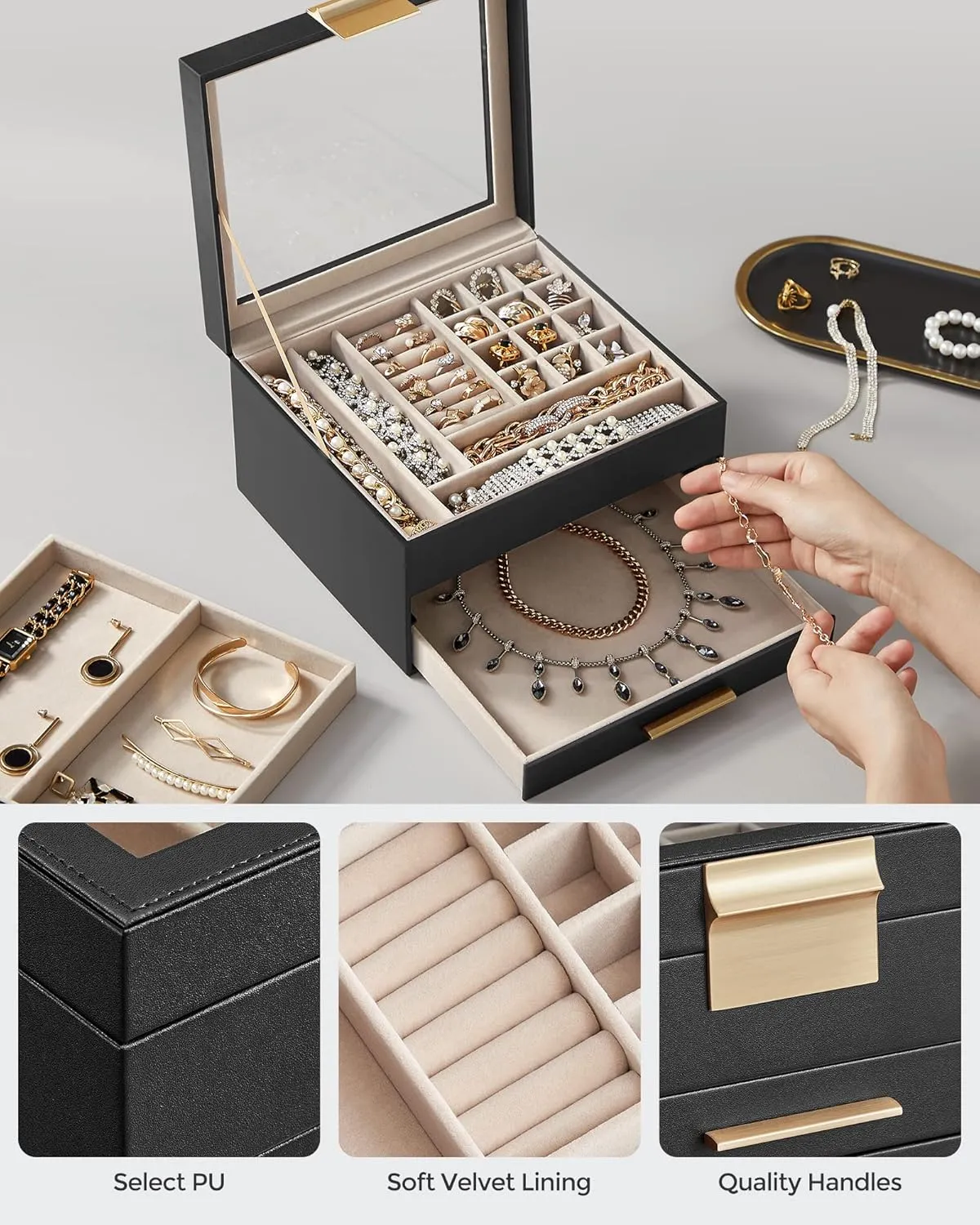 SONGMICS Jewelry Box Organizer with Glass Lid, 3-Layer Jewelry Storage, with 2 Drawers, Modern Style, 8 x 9.1 x 5.3 Inches, Graphite Black and Gold Color UJBC239B03