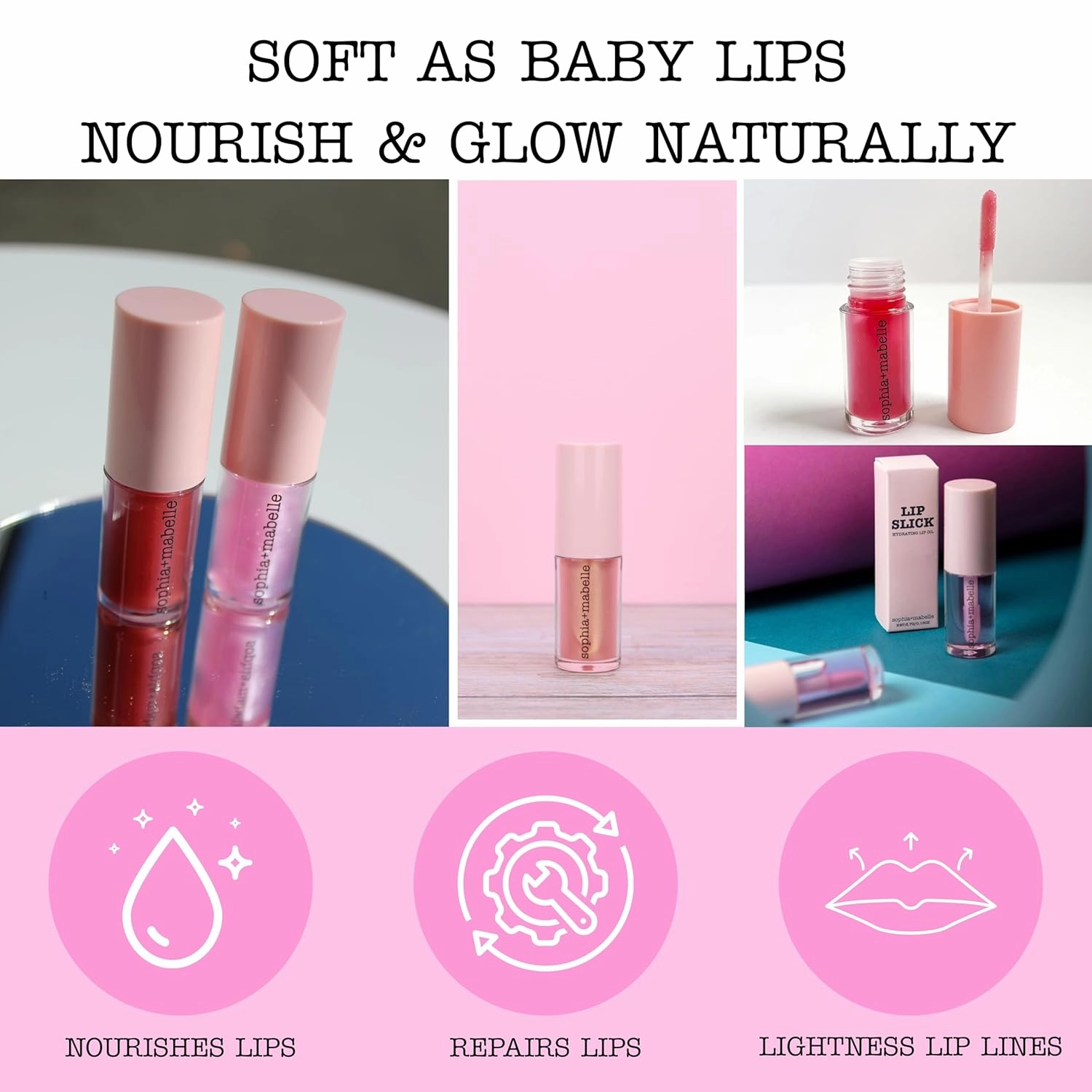Sophia   Mabelle Hydrating Lip Oil – Lightweight, Non-Sticky & High-Shine Lip Gloss Oil – Moisturizing, Nourishing, Soothing Tinted Formula for Soft Lips – 3.7g (Juice Bar (Pinky Clear), 3.7g)