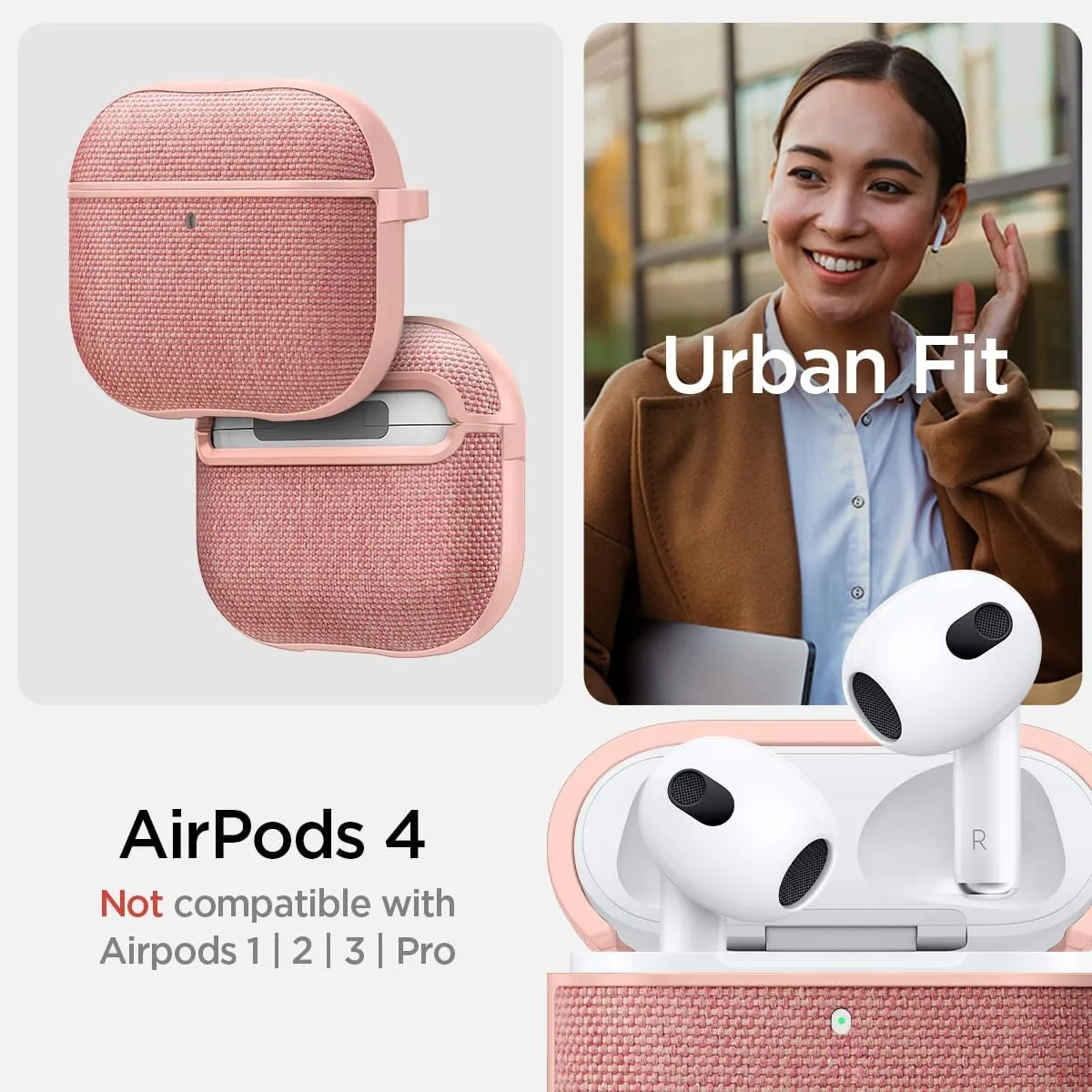 Spigen Urban Fit Designed for AirPods 4 Case (2024) Premium Fabric Cover with Carabiner Key Chain - Rose Gold