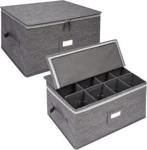 Stemware Storage Containers (2 pack), Wine Glass Storage Box with Dividers for Glassware or Crystal, Holds 12 Red or White Wine Glasses, Hard Top and Stackable (Grey)