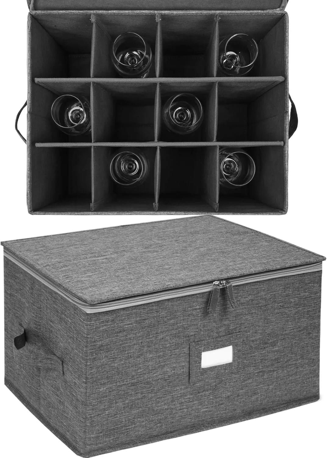 Stemware Storage Containers (2 pack), Wine Glass Storage Box with Dividers for Glassware or Crystal, Holds 12 Red or White Wine Glasses, Hard Top and Stackable (Grey)