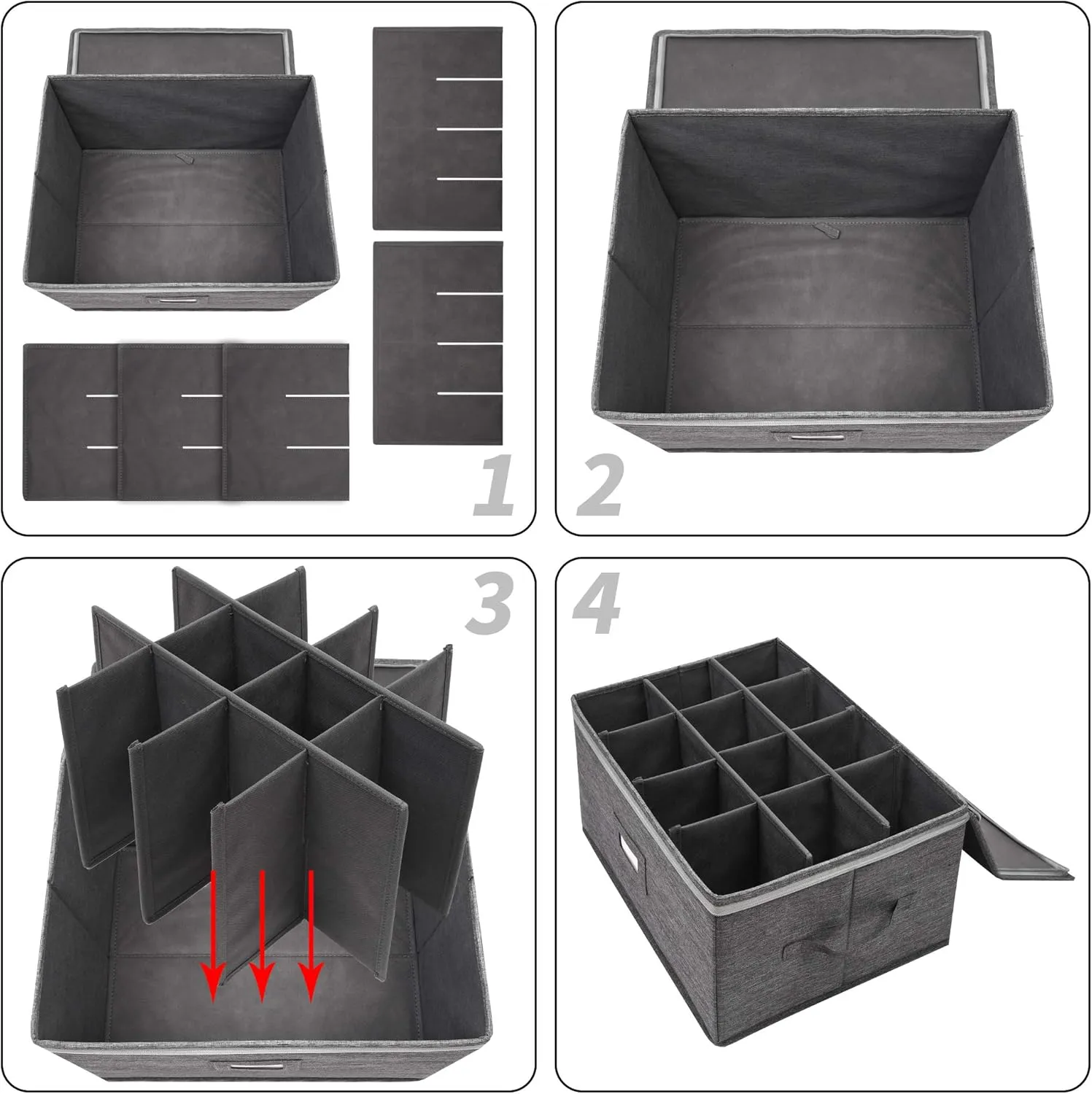 Stemware Storage Containers (2 pack), Wine Glass Storage Box with Dividers for Glassware or Crystal, Holds 12 Red or White Wine Glasses, Hard Top and Stackable (Grey)