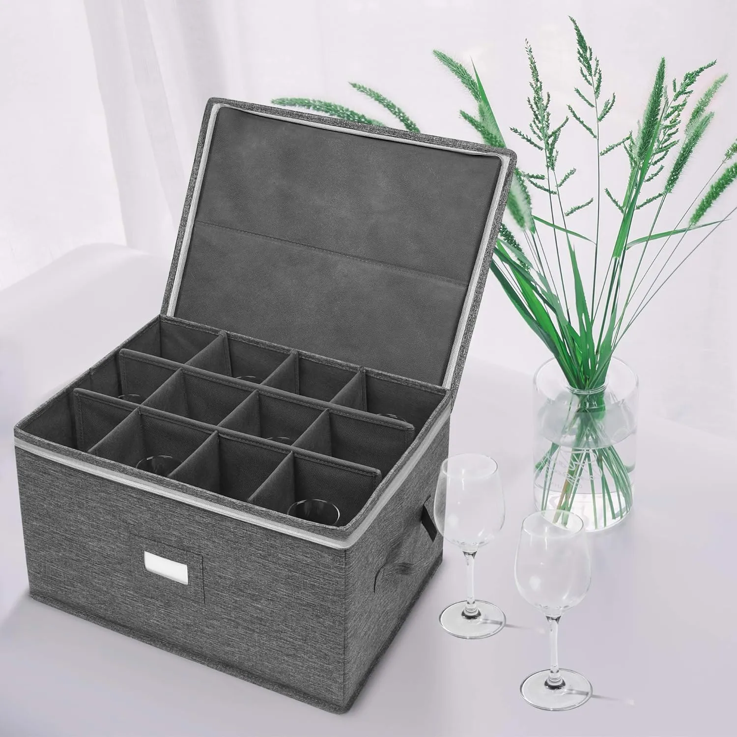 Stemware Storage Containers (2 pack), Wine Glass Storage Box with Dividers for Glassware or Crystal, Holds 12 Red or White Wine Glasses, Hard Top and Stackable (Grey)