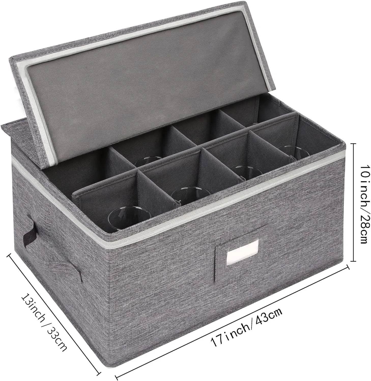 Stemware Storage Containers (2 pack), Wine Glass Storage Box with Dividers for Glassware or Crystal, Holds 12 Red or White Wine Glasses, Hard Top and Stackable (Grey)