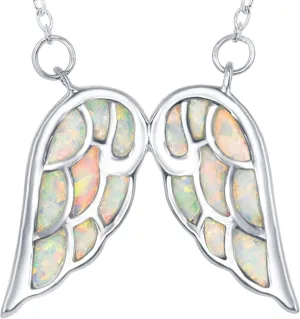 Sterling Silver Angel Wing Heart Necklace - Simulated White, Pink or Blue Opal - Meaningful Guardian Angel Gift for Women
