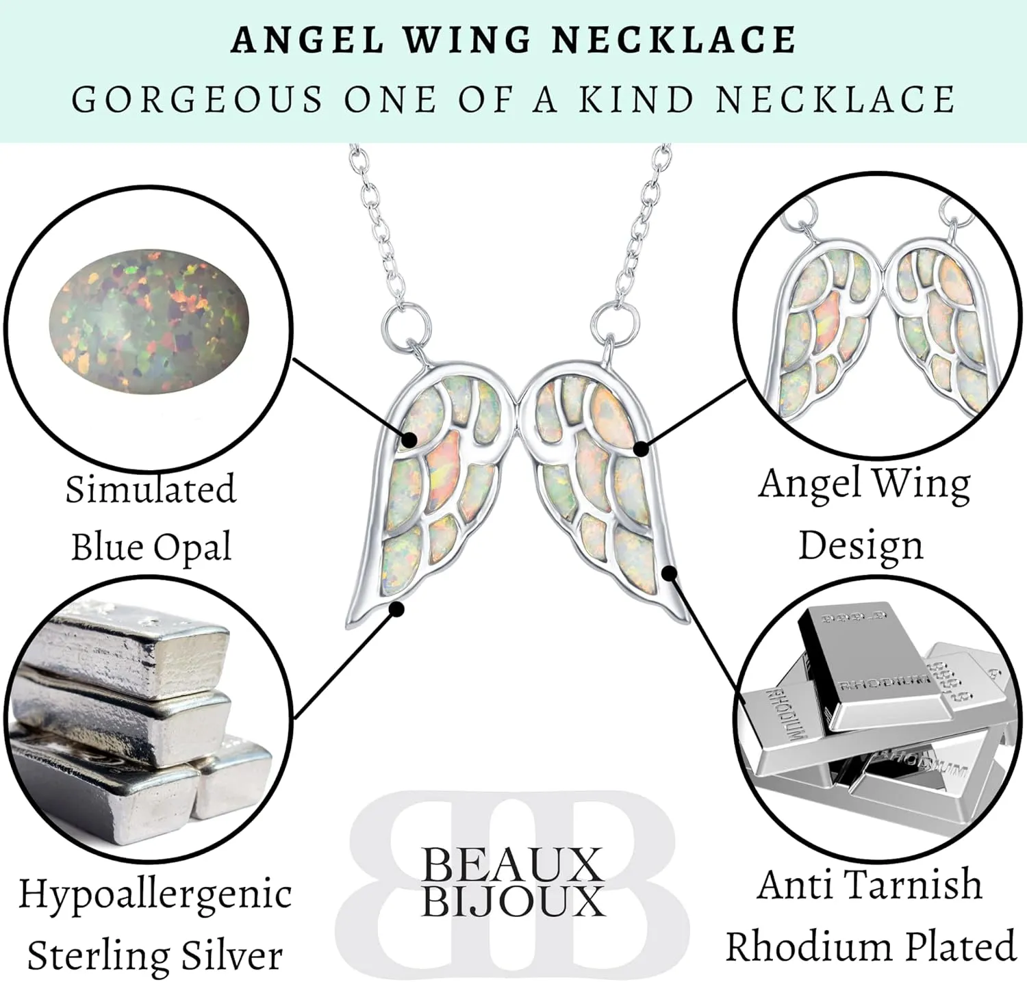 Sterling Silver Angel Wing Heart Necklace - Simulated White, Pink or Blue Opal - Meaningful Guardian Angel Gift for Women