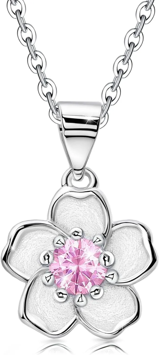 Sterling Silver Pink CZ Cherry Blossoms Necklace Small Shiny Crystal Flower Romantic Cute Dainty Sakura Pendant Necklace Valentine's Day Birthday Jewelry Gifts for Women Daughter Mom Wife Girlfriend