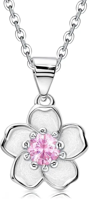 Sterling Silver Pink CZ Cherry Blossoms Necklace Small Shiny Crystal Flower Romantic Cute Dainty Sakura Pendant Necklace Valentine's Day Birthday Jewelry Gifts for Women Daughter Mom Wife Girlfriend
