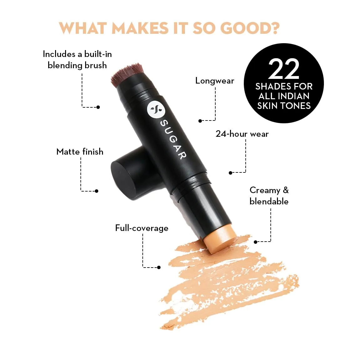 SUGAR Cosmetics Ace Of Face Foundation Stick with Inbuilt Brush - 40 Breve (Medium Beige, Warm Undertone) Full Coverage Waterproof Matte Finish