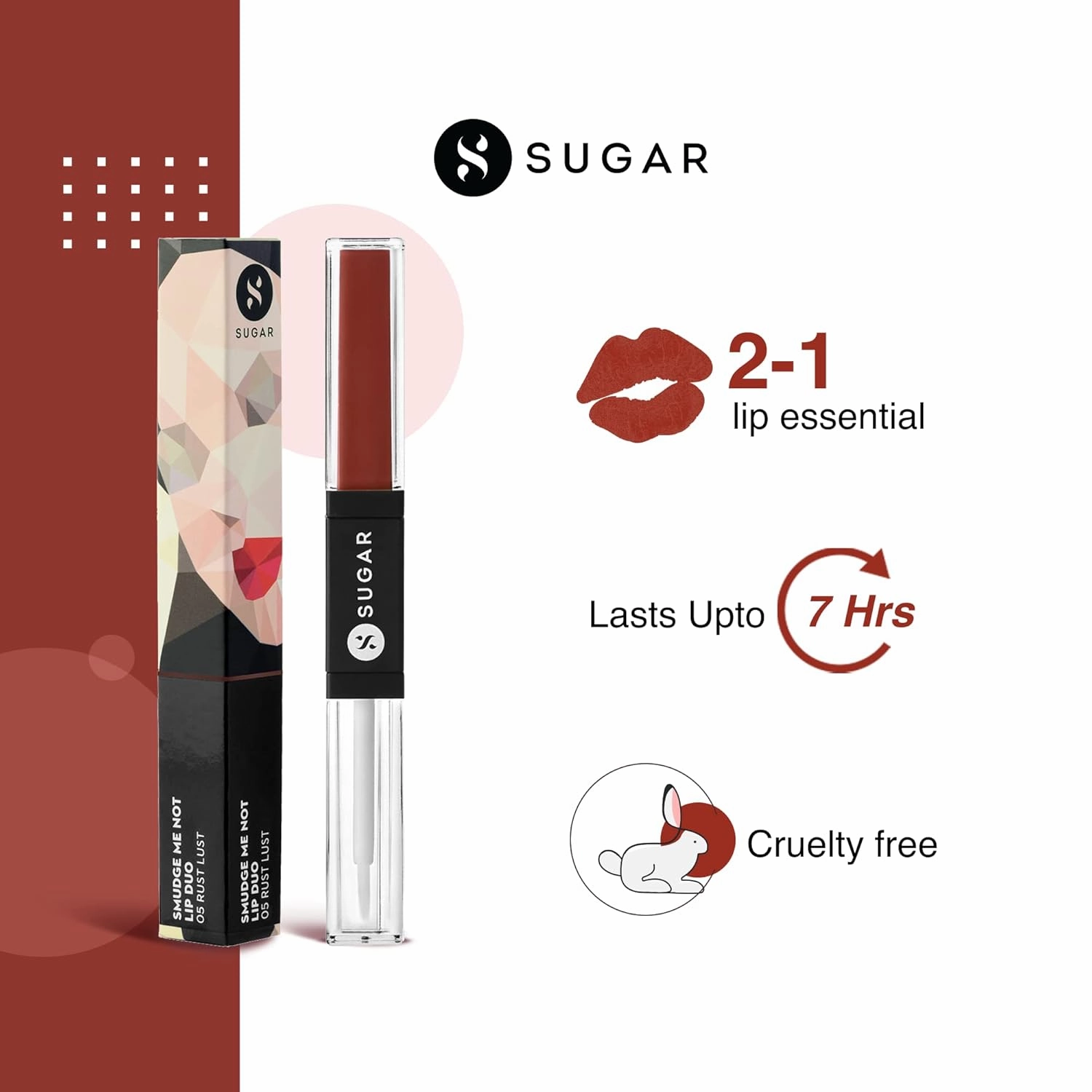 SUGAR Cosmetics Smudge Me Not Lip Duo - 05 Rust Lust (Red Terracotta) 2 In 1 Lipstick, Matte Finish, Glossy Finish, Hydrating Formula