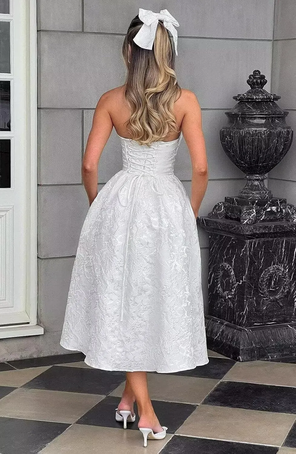 Summer Strapless Jacquard Floral Tulle Homecoming Dresses with Pocket Corset A Line Midi Cocktail Pary Dresseses