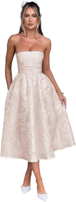 Summer Strapless Jacquard Floral Tulle Homecoming Dresses with Pocket Corset A Line Midi Cocktail Pary Dresseses