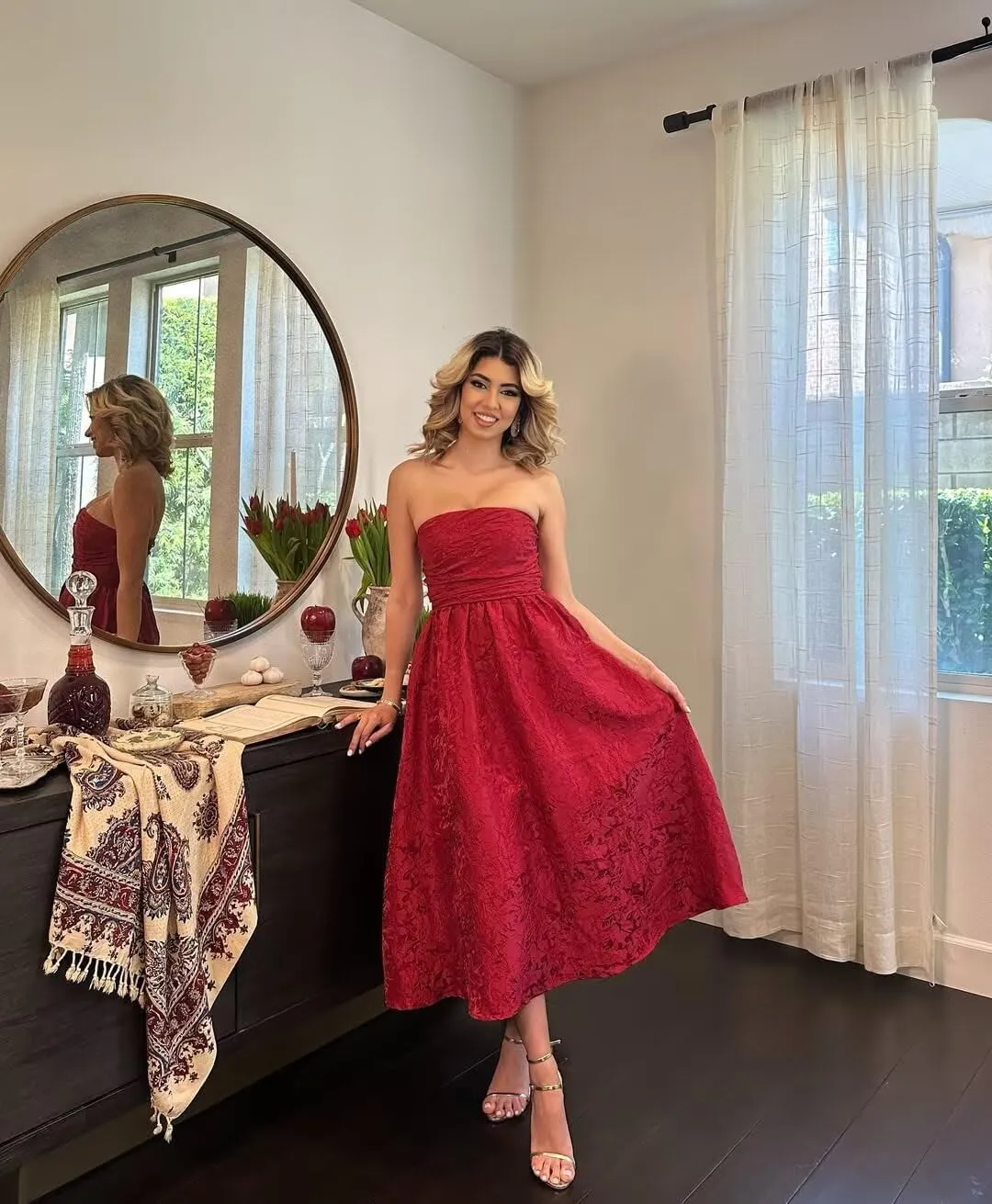 Summer Strapless Jacquard Floral Tulle Homecoming Dresses with Pocket Corset A Line Midi Cocktail Pary Dresseses