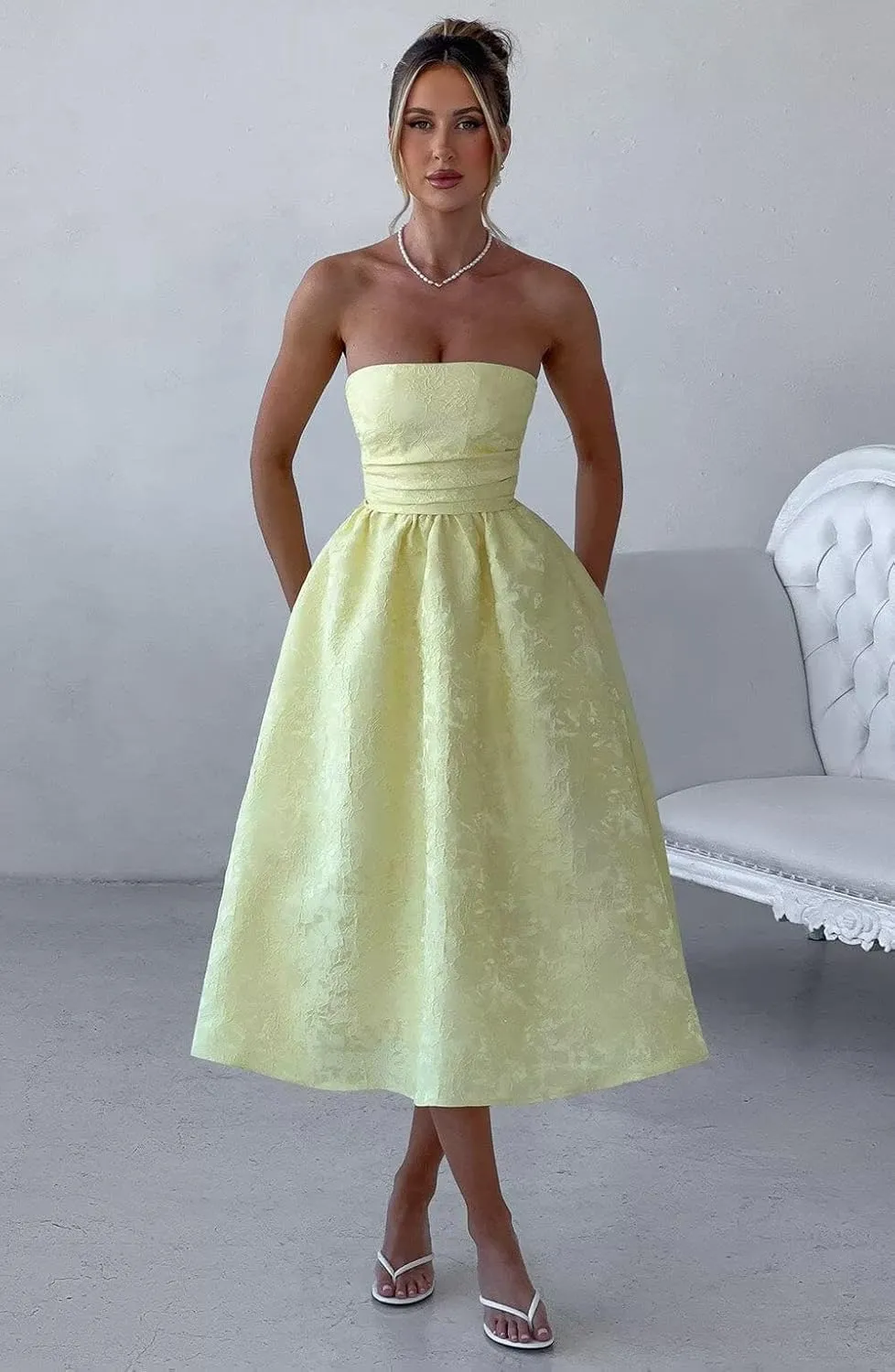 Summer Strapless Jacquard Floral Tulle Homecoming Dresses with Pocket Corset A Line Midi Cocktail Pary Dresseses