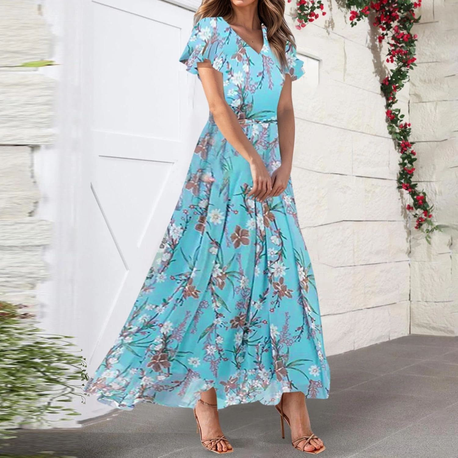 Summer Dress for Women 2025 Elegant Classy Swing Flowy V Neck Boho Sun Dresses Trendy Casual Vacation Long Sundresses