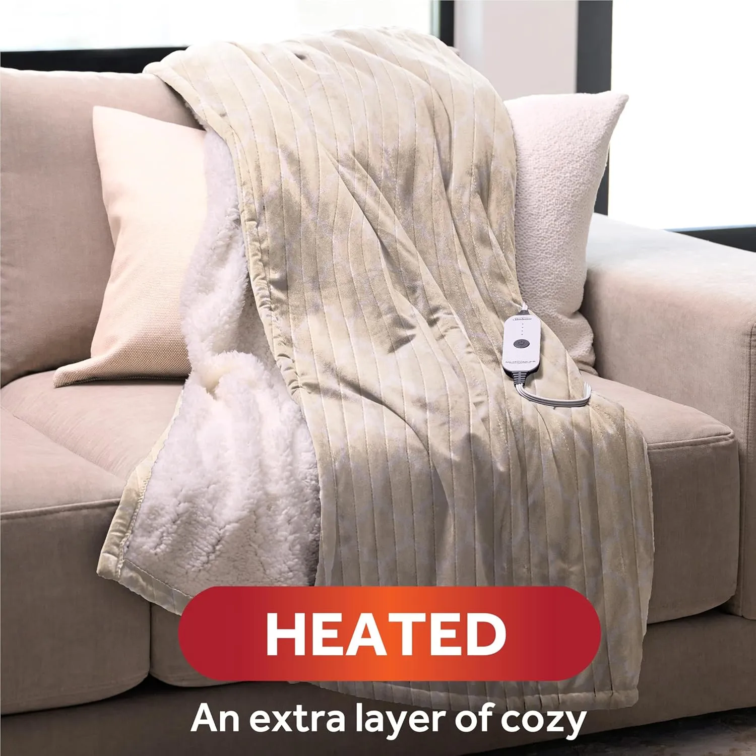 Sunbeam Royal Mink Sherpa Champagne Lattice Heated Personal Throw / Blanket, Cozy-Warm, Adjustable Heat Settings