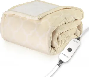 Sunbeam Royal Mink Sherpa Champagne Lattice Heated Personal Throw / Blanket, Cozy-Warm, Adjustable Heat Settings