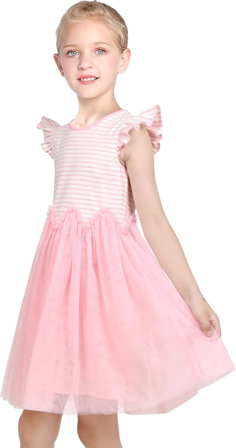 Sunny Fashion Girls Dress Pink Sequin Wedding Hi-Low Tulle Skirt Tutu Flutter Sleeve