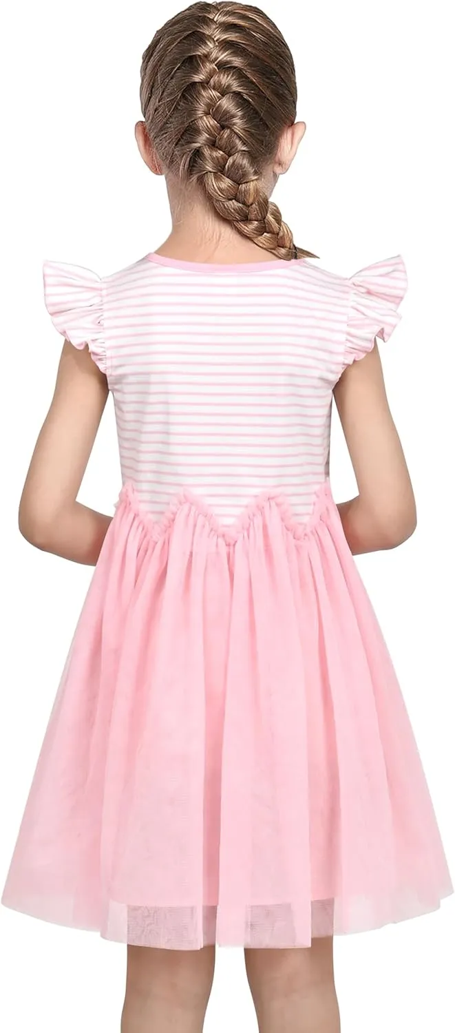 Sunny Fashion Girls Dress Pink Sequin Wedding Hi-Low Tulle Skirt Tutu Flutter Sleeve
