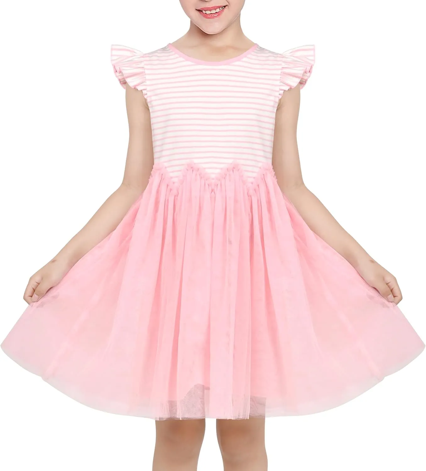 Sunny Fashion Girls Dress Pink Sequin Wedding Hi-Low Tulle Skirt Tutu Flutter Sleeve