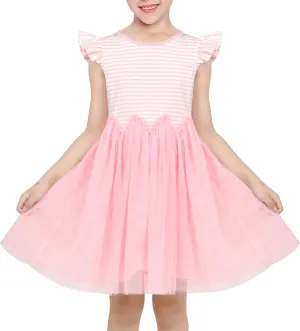 Sunny Fashion Girls Dress Pink Sequin Wedding Hi-Low Tulle Skirt Tutu Flutter Sleeve