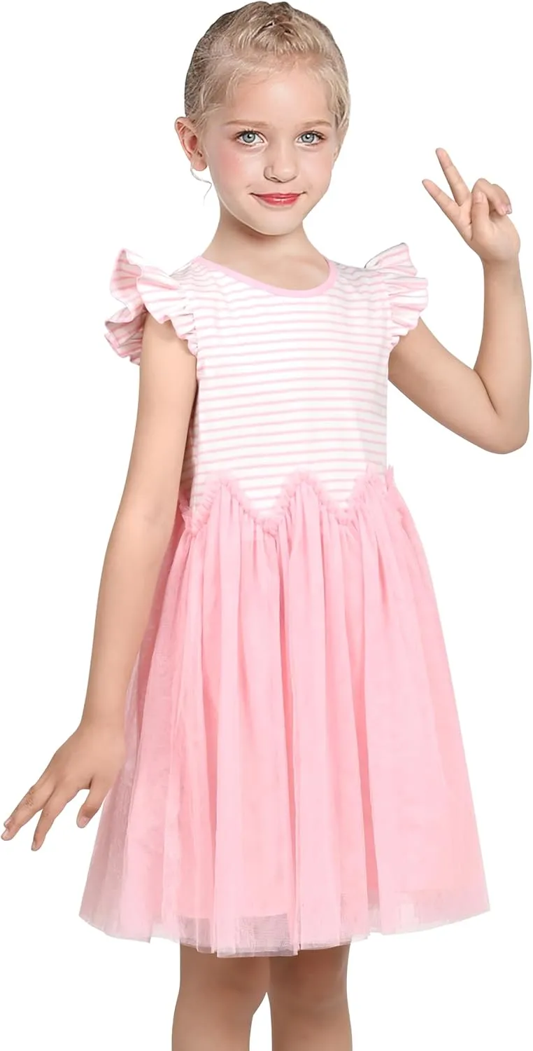 Sunny Fashion Girls Dress Pink Sequin Wedding Hi-Low Tulle Skirt Tutu Flutter Sleeve