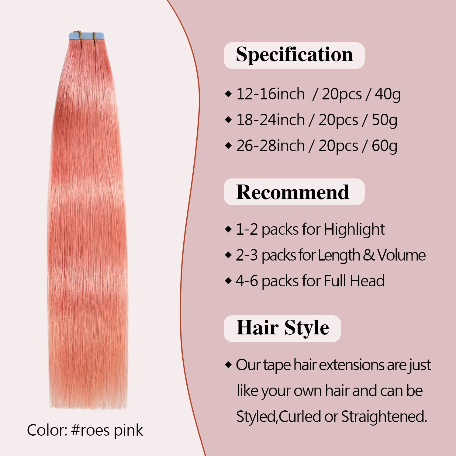 Sunya Tape in Hair Extensions Human Hair #Rose Pink 14 Inch 20g/10Pcs