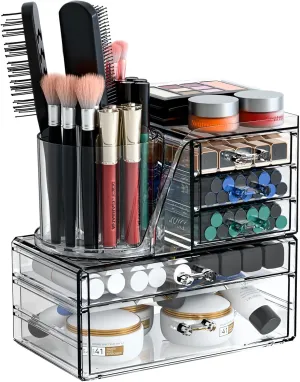SuoXing 2 Pack Clear Acrylic Makeup Organizers With Drawers for Vanity and Countertop,Cute Skincare Organizer,Cosmetic Storage with Makeup Brush Holder for Bathroom,Dresser Beauty Products Organizer