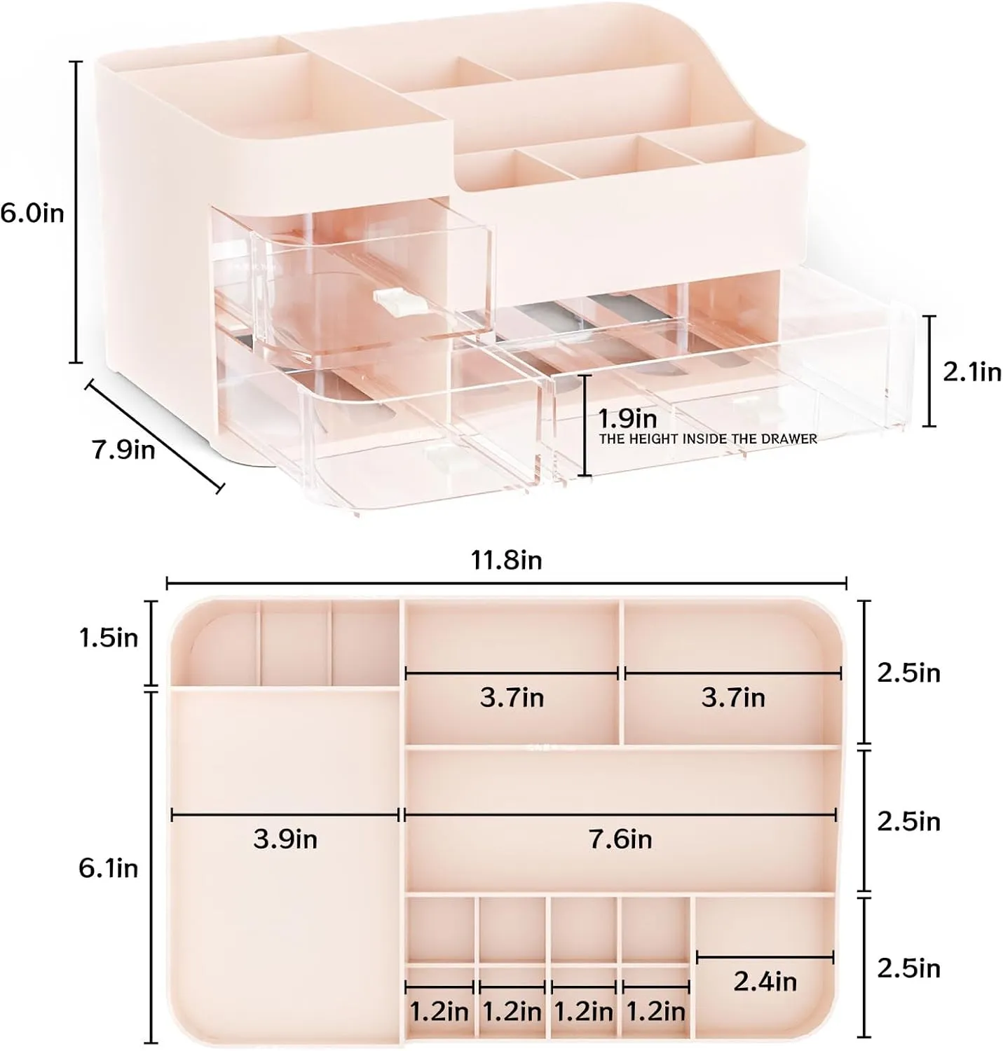 SuoXing Pink Makeup Organizer for Vanity,Large Plastic Skincare Organizers With Drawers,Bathroom Counter Organizer Cosmetic Storage for Dresser Top Skin Care,Lotion,Beauty Products and Brush Holder