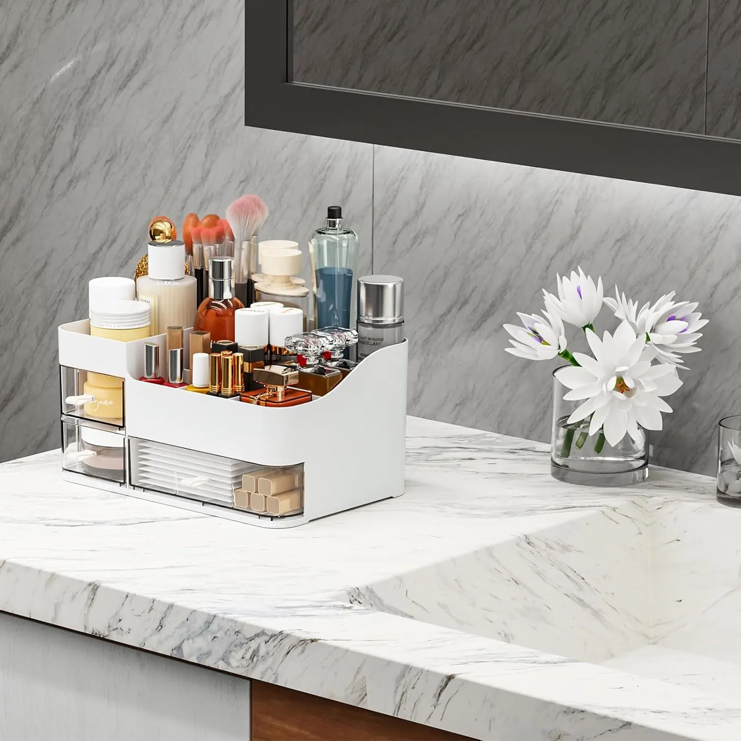 SuoXing White Make up Organizers for Vanity,Large Plastic Bathroom Counter Organizer With Drawers,Skincare Organizers and Cosmetic Storage for Dresser Top Skin Care,Beauty Products and Brush Holder