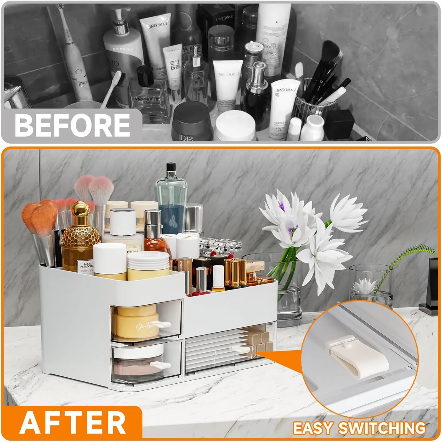 SuoXing White Make up Organizers for Vanity,Large Plastic Bathroom Counter Organizer With Drawers,Skincare Organizers and Cosmetic Storage for Dresser Top Skin Care,Beauty Products and Brush Holder