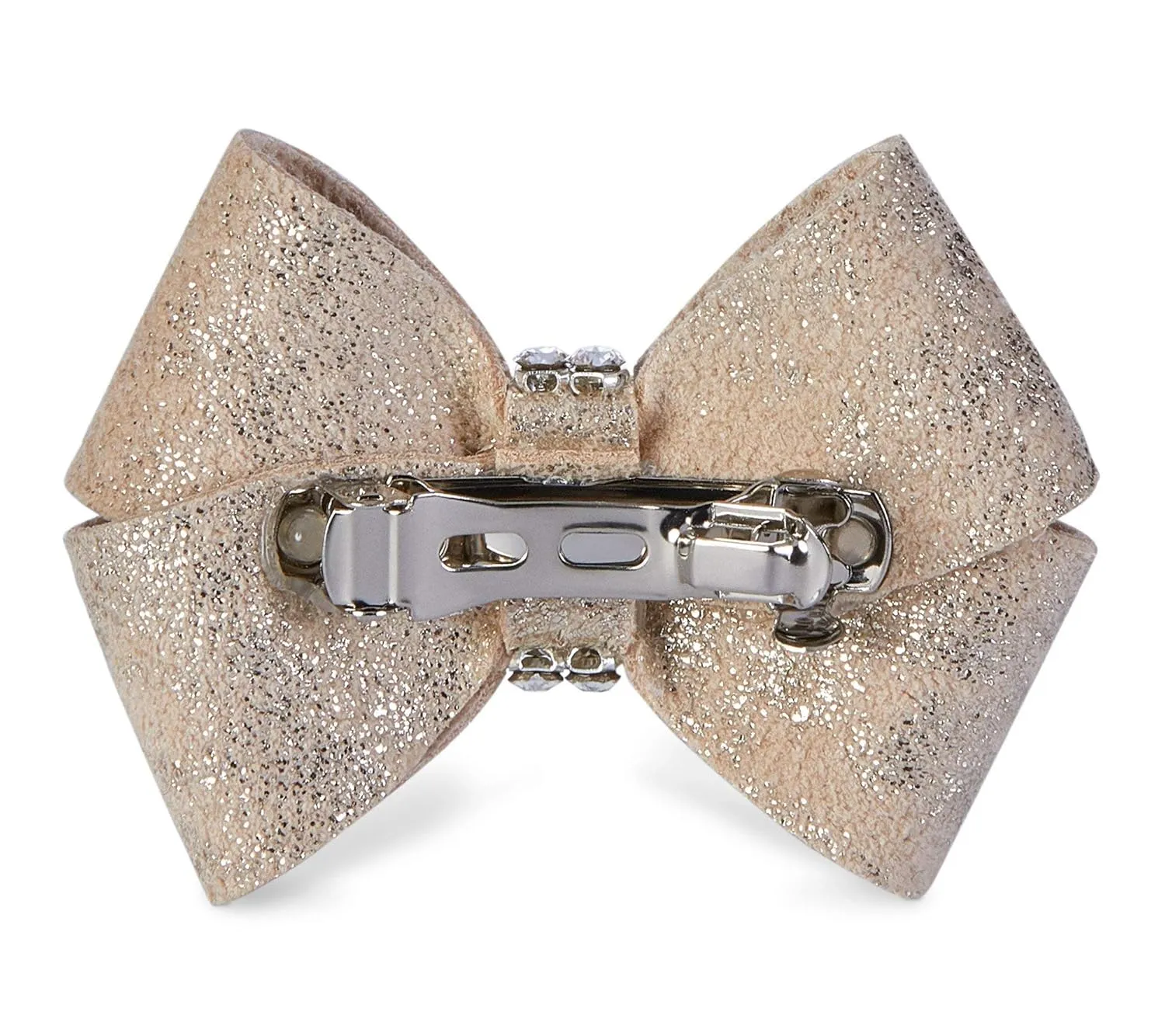 Susan Lanci Designs Pet Premium Ultrasuede Nouveau Hair Bow with Swarovski Crystals, Champagne Glitzerati, X-Small