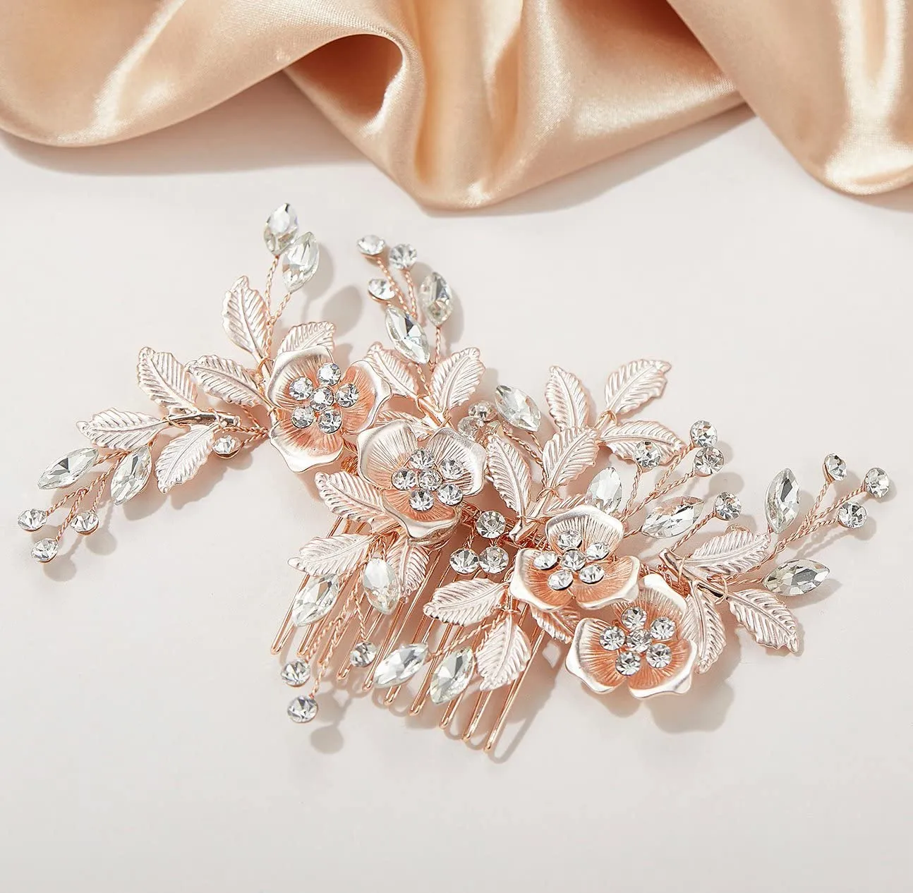 SWEETV Metal Hair Comb, Rhinestone Bridal Hair Clip - Handmade Wedding Hair Accessories for Brides and Bridesmaid, Rose Gold