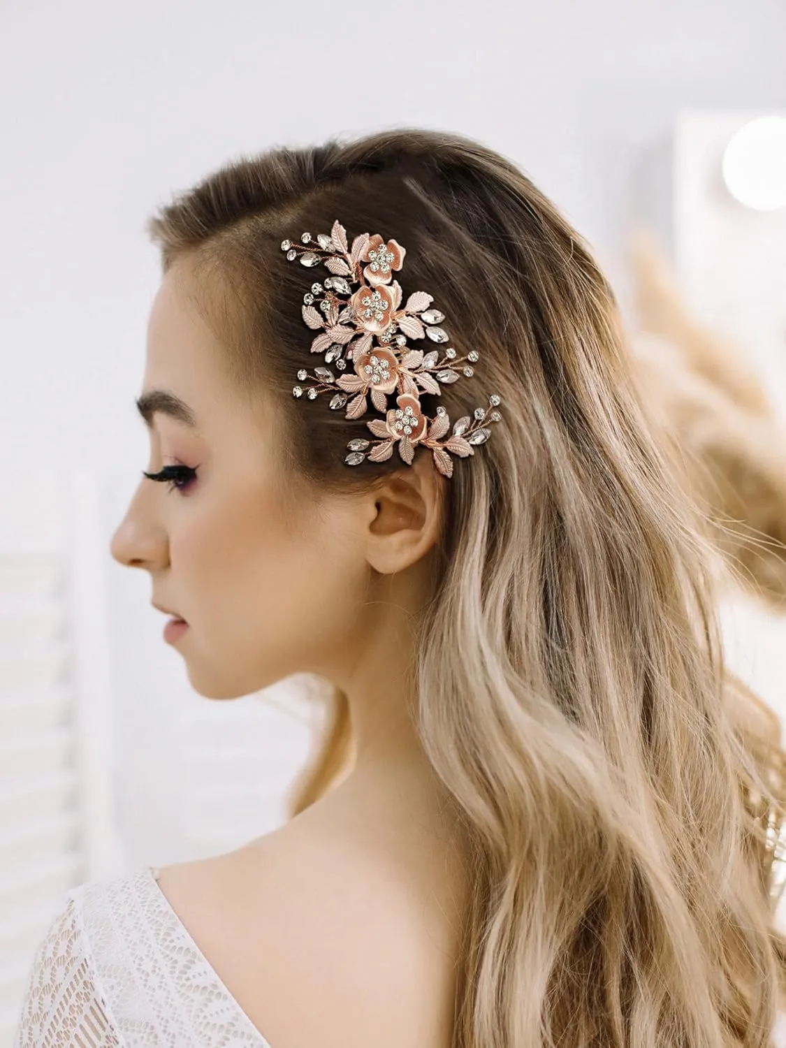 SWEETV Metal Hair Comb, Rhinestone Bridal Hair Clip - Handmade Wedding Hair Accessories for Brides and Bridesmaid, Rose Gold