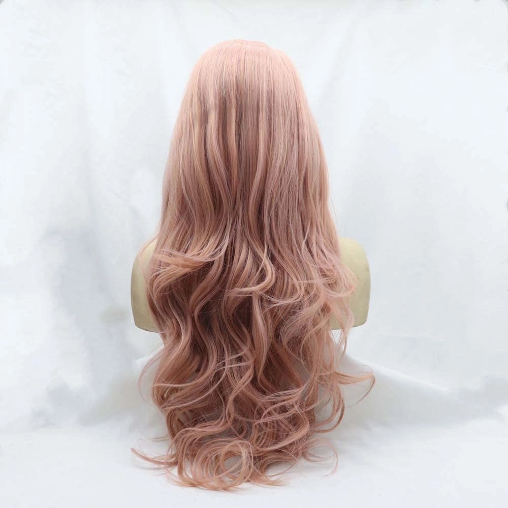 Synthetic Lace Front Wigs for Women - Long Wavy Pink Wig with Middle Part, Heat Resistant Fiber, Rose Gold Pastel Pink Hair, U Lace Front