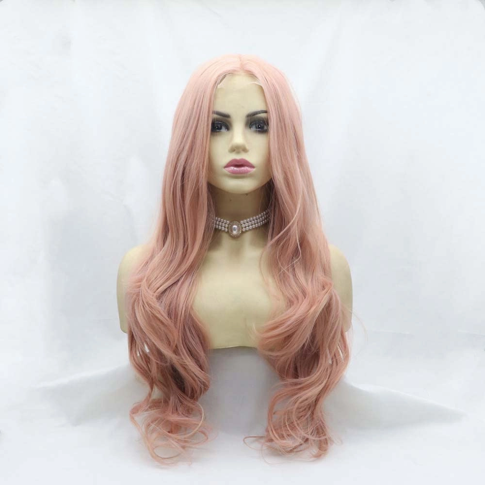 Synthetic Lace Front Wigs for Women - Long Wavy Pink Wig with Middle Part, Heat Resistant Fiber, Rose Gold Pastel Pink Hair, U Lace Front