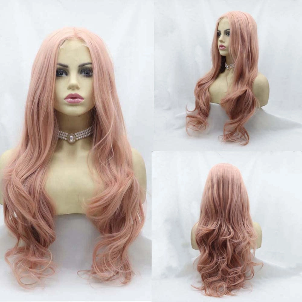 Synthetic Lace Front Wigs for Women - Long Wavy Pink Wig with Middle Part, Heat Resistant Fiber, Rose Gold Pastel Pink Hair, U Lace Front
