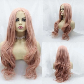 Synthetic Lace Front Wigs for Women - Long Wavy Pink Wig with Middle Part, Heat Resistant Fiber, Rose Gold Pastel Pink Hair, U Lace Front