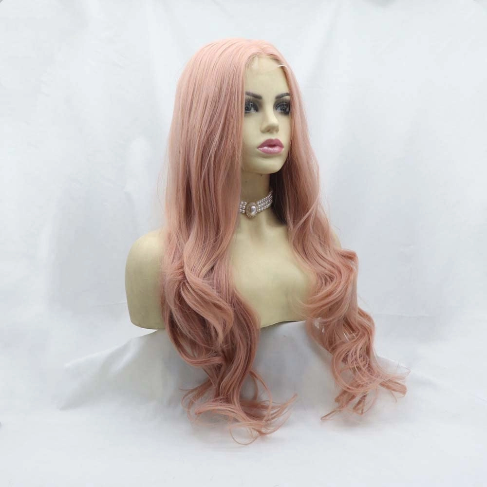 Synthetic Lace Front Wigs for Women - Long Wavy Pink Wig with Middle Part, Heat Resistant Fiber, Rose Gold Pastel Pink Hair, U Lace Front