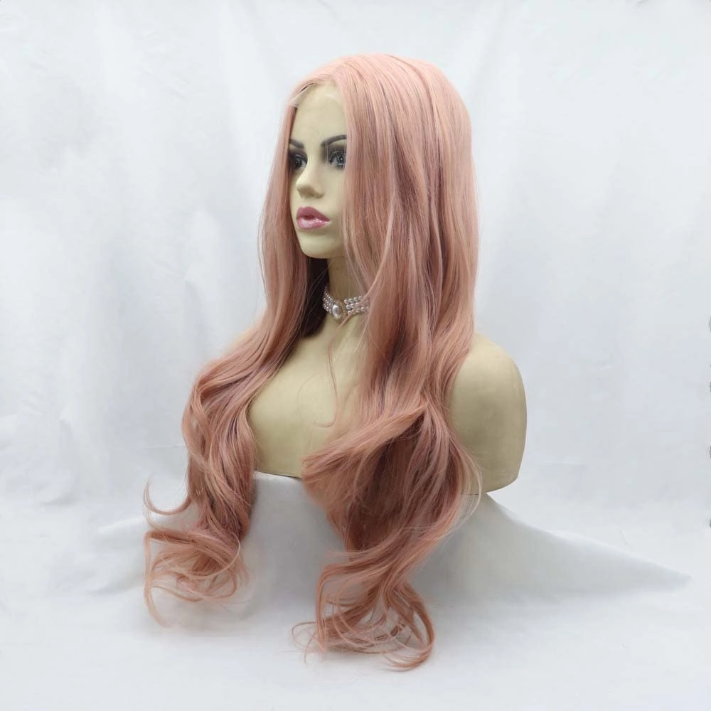 Synthetic Lace Front Wigs for Women - Long Wavy Pink Wig with Middle Part, Heat Resistant Fiber, Rose Gold Pastel Pink Hair, U Lace Front