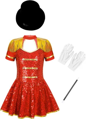 Sywiyi Girls Majorette Costume Shiny Sequins Marching Band Uniform Leotard Dress for Party Performance