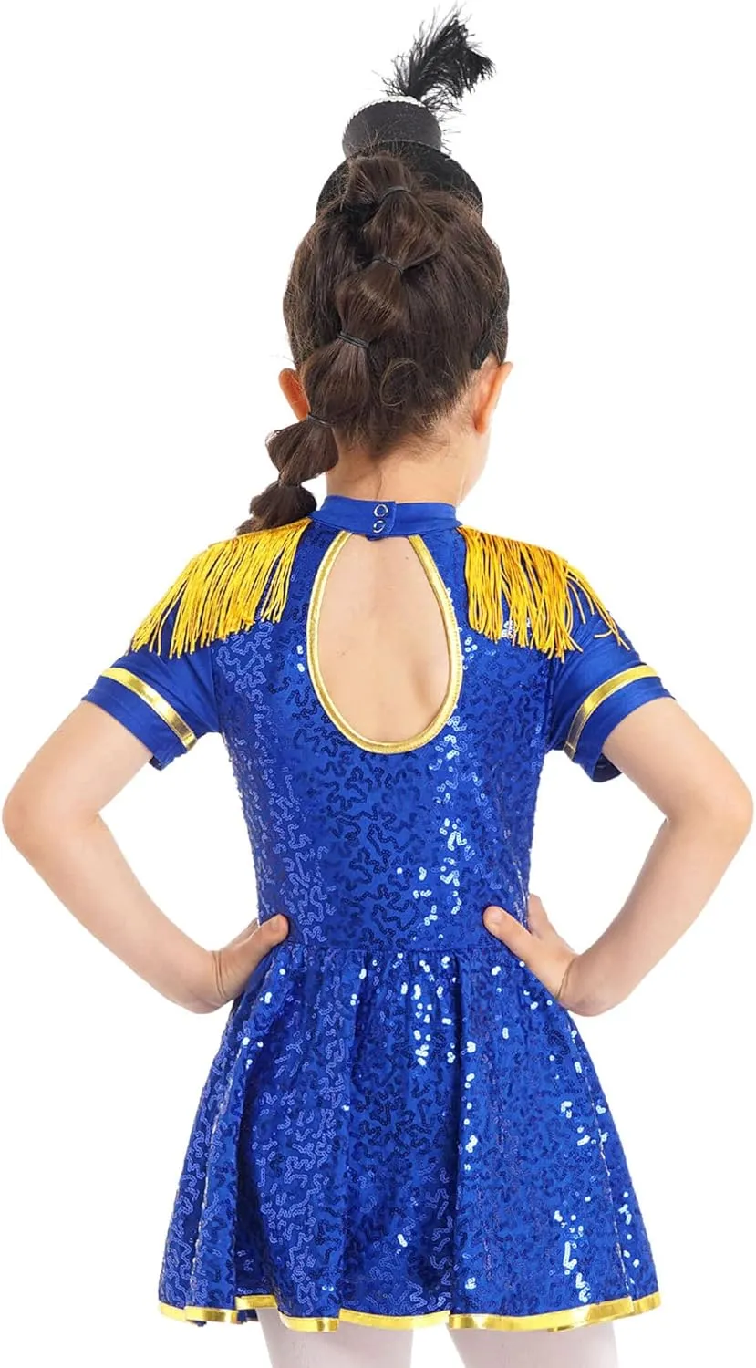 Sywiyi Girls Majorette Costume Shiny Sequins Marching Band Uniform Leotard Dress for Party Performance