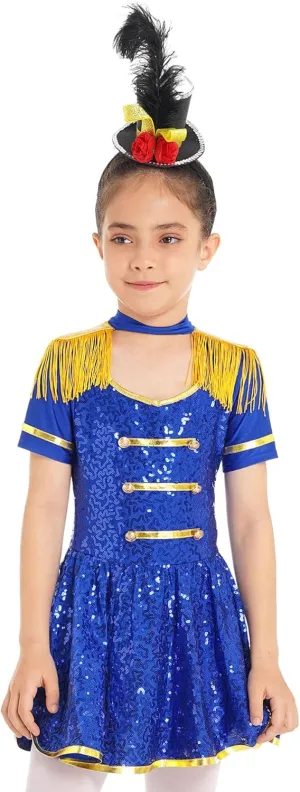 Sywiyi Girls Majorette Costume Shiny Sequins Marching Band Uniform Leotard Dress for Party Performance